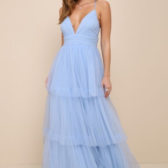 NWT Lulus Charming Glamour Light Blue Tulle Sleeveless Tiered Maxi Dress - Picture 1 of 11